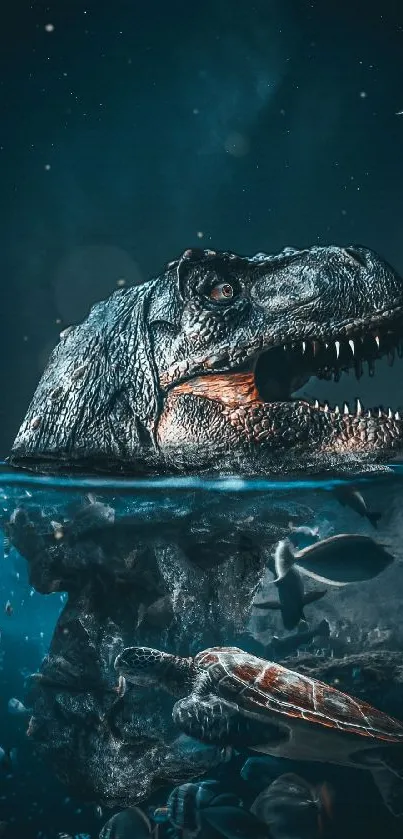 Dinosaur T-Rex emerging from ocean with marine life.
