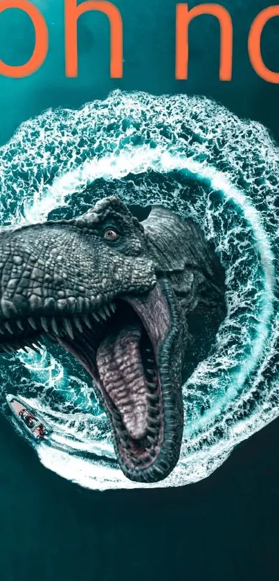 Dramatic dinosaur emerging from ocean waves wallpaper.