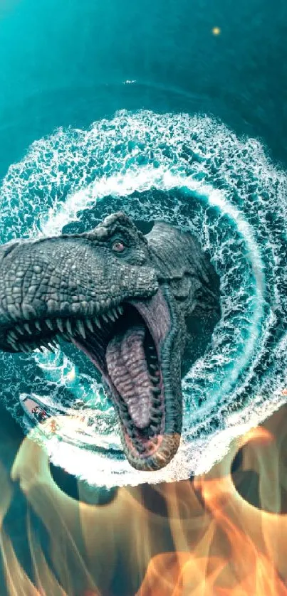 Dinosaurs emerging from teal ocean waves in a stunning mobile wallpaper.