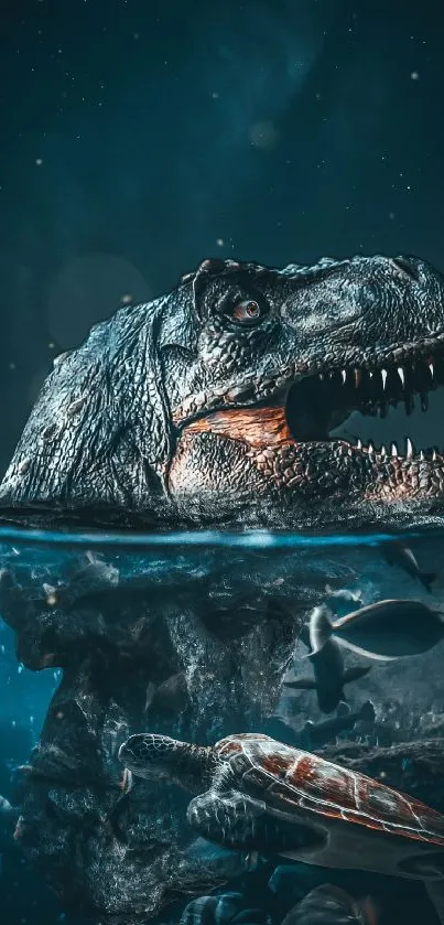 Epic T-rex head in an ocean with marine life under a starry sky wallpaper.