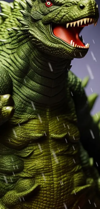 Roaring green dinosaur with sharp teeth and scaly skin in a dramatic pose.