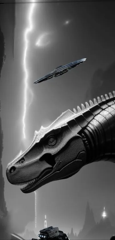 Epic dinosaur and spaceship scene with lightning in a futuristic setting.