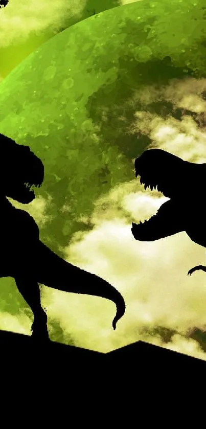 Silhouette of dinosaurs set against a green moonlit sky.