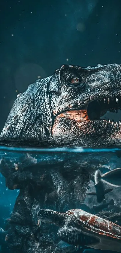 Dinosaur head breaking water surface with turtles and fish.