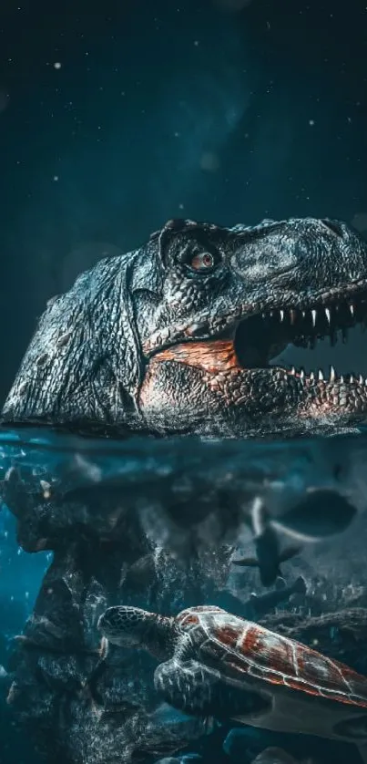 Dinosaur and turtle in deep ocean split view wallpaper.