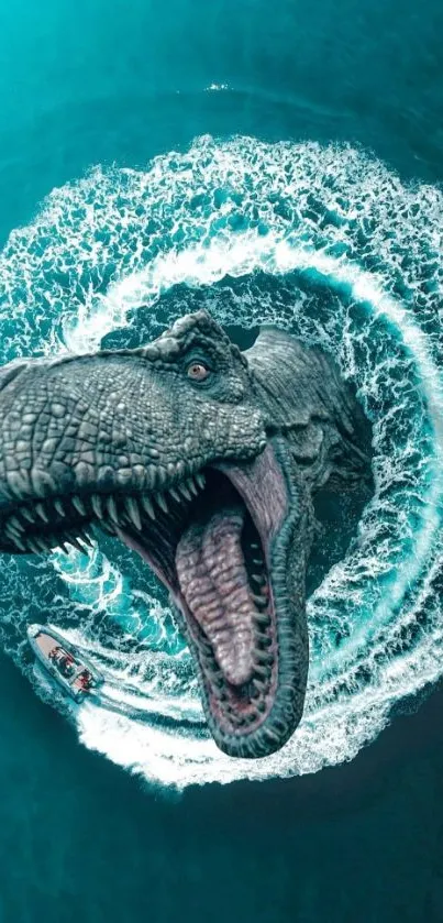 Dinosaur surfacing dramatically amidst ocean waves, creating an action-packed visual.