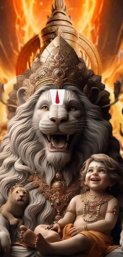 Epic artwork of a divine lion with a child and cub in a fiery backdrop.