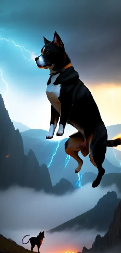 Dramatic wallpaper with a dog leaping against lightning and mountain backdrop.