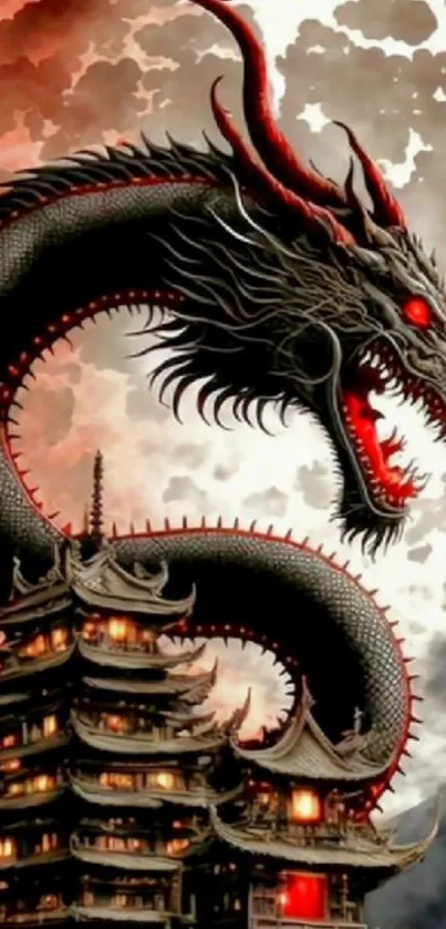 Epic dragon wrapping around a temple with vibrant colors.