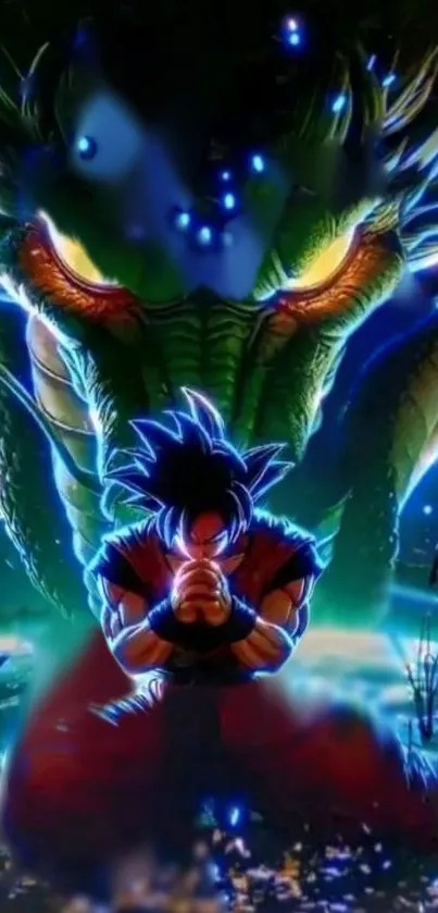 Anime warrior kneels before a glowing dragon.