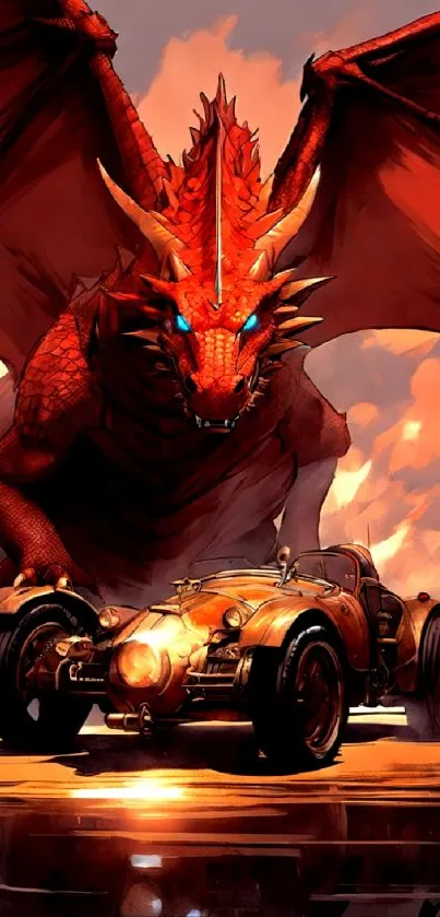 Epic red dragon and vintage car illustration for mobile wallpaper.