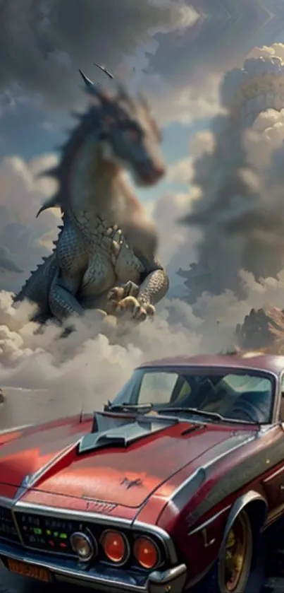 Fantasy wallpaper with dragon and classic car under dynamic clouds.