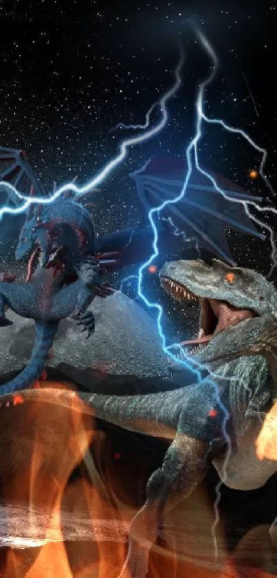 Dinosaur and dragon clash under cosmic lightning in a fantasy scene.