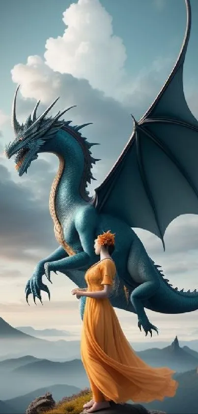 Blue dragon with woman in orange dress on a fantasy mountain.