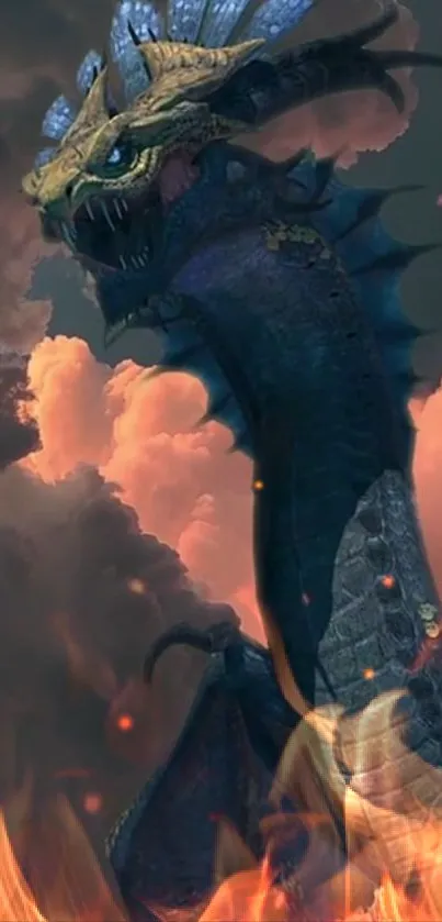 Epic dragon with fire and clouds, perfect for mobile wallpaper.