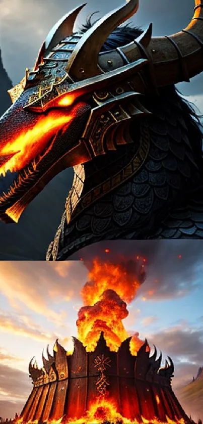 Epic dragon with burning fortress in mountains.