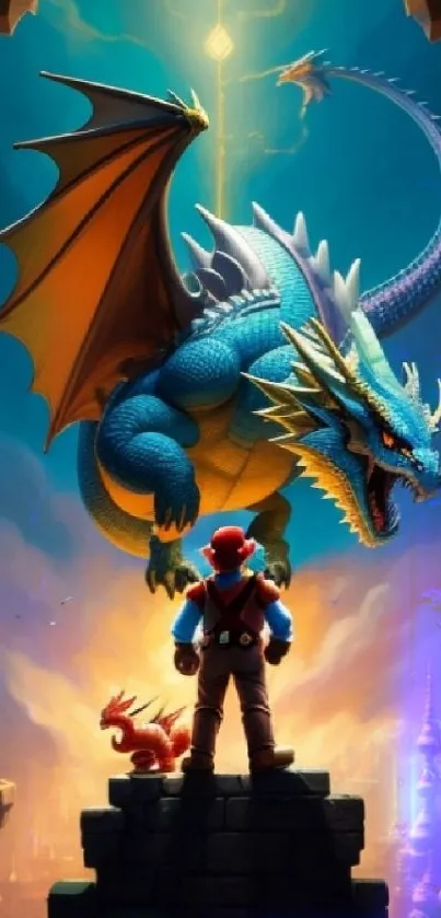 Hero faces a majestic dragon in a fantasy realm.