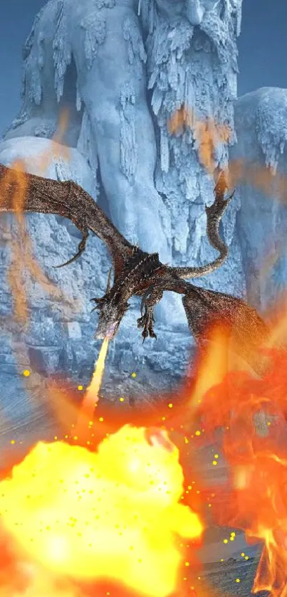 Dragon breathing fire against icy background in mobile wallpaper.