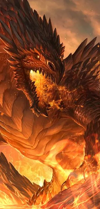 Epic dragon in a fiery volcanic landscape with lava.