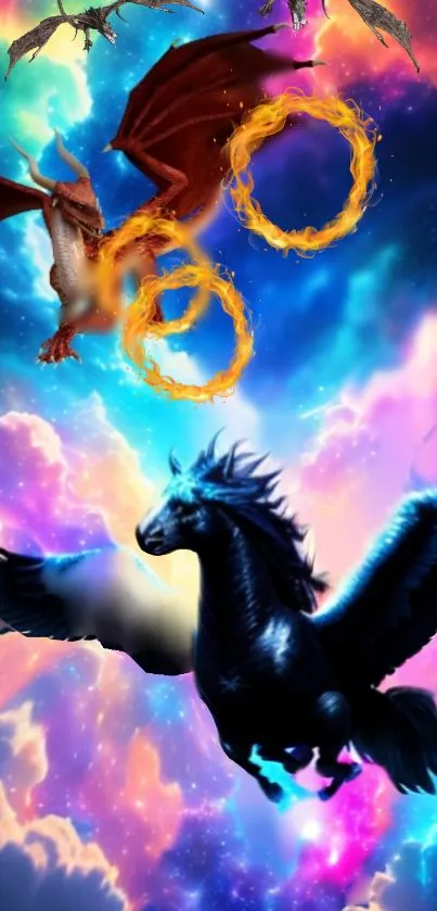 Dragon and Pegasus in a cosmic battle scene with vibrant colors.