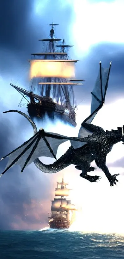 Epic dragon flying over a sailing ship with dramatic skies.