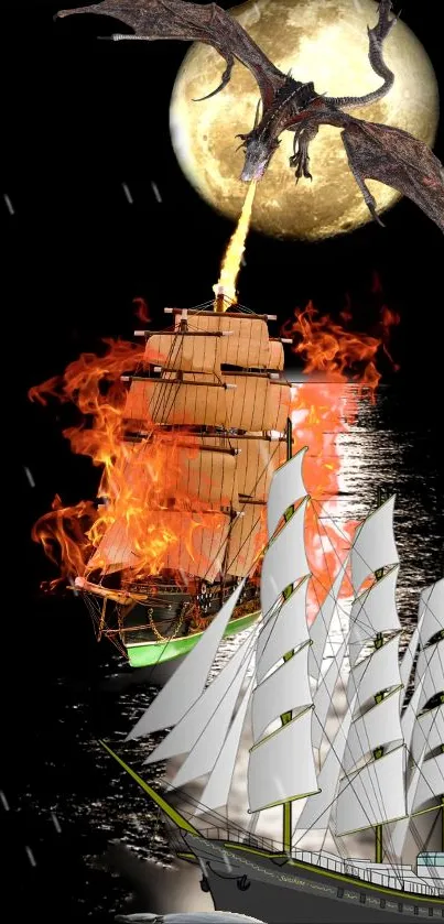 A dragon breathes fire onto a ship under a full moon in a dramatic scene.
