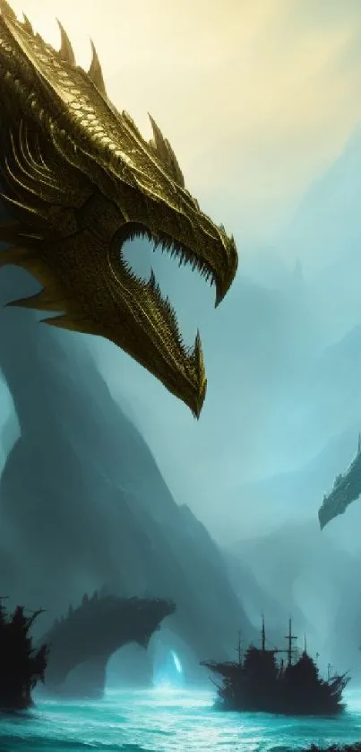 Epic mobile wallpaper featuring a dragon and ships at sea under dramatic cliffs.