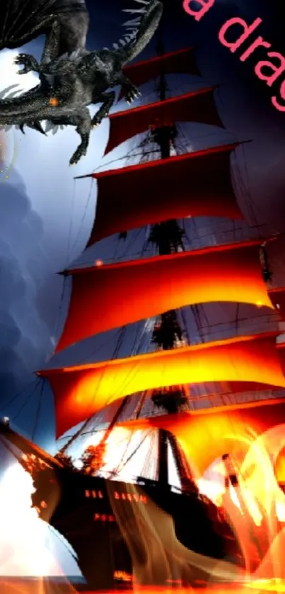 Fantasy wallpaper with dragon over fiery ship and red sails.