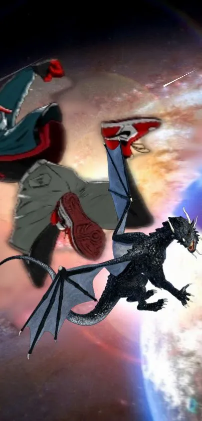 Flying dragon and skateboarder in cosmic scene wallpaper.