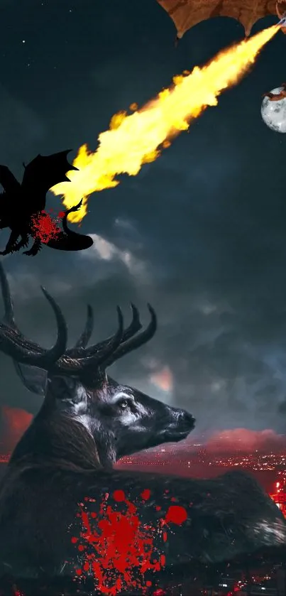 Epic battle between dragon and stag under a dramatic night sky.