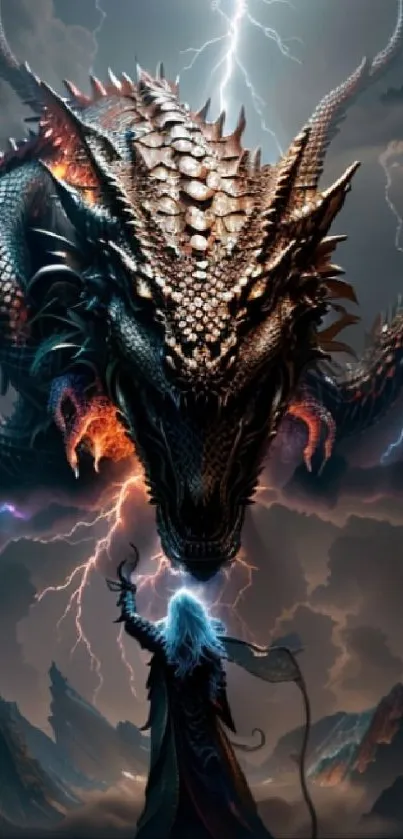 Epic fantasy wallpaper with a dragon confronting a wizard amidst a stormy sky.