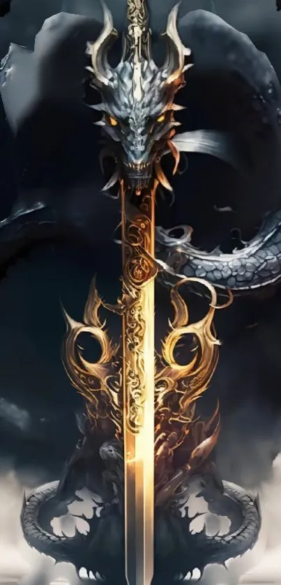 Epic dragon intertwined with golden sword on smoky background.