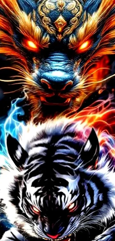 Vibrant illustration of a fierce dragon and tiger clash.