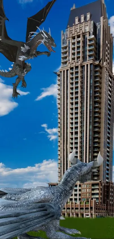 Dragons and skyscraper under a blue sky in a fantasy-themed wallpaper.