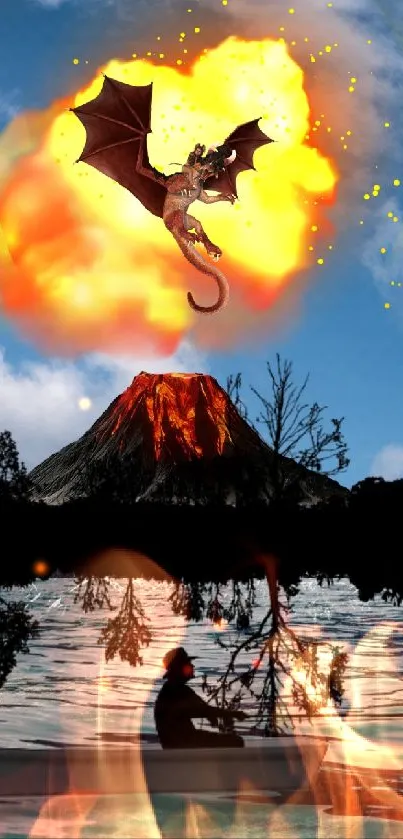 Dragon flies over erupting volcano by a lake.