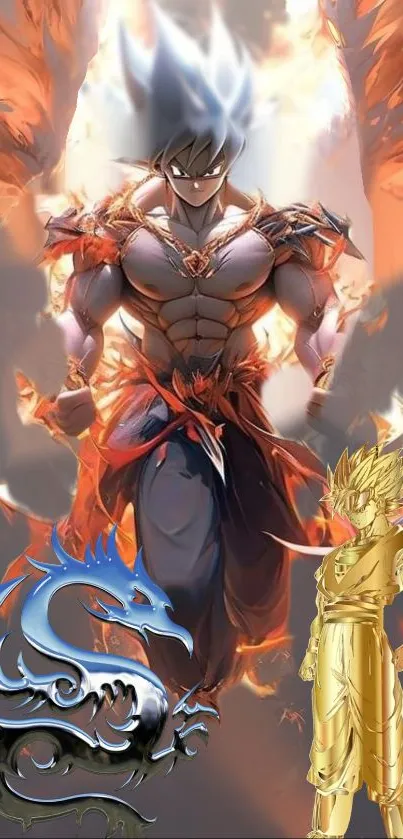 Epic warrior and dragon design with vibrant flames on mobile wallpaper.