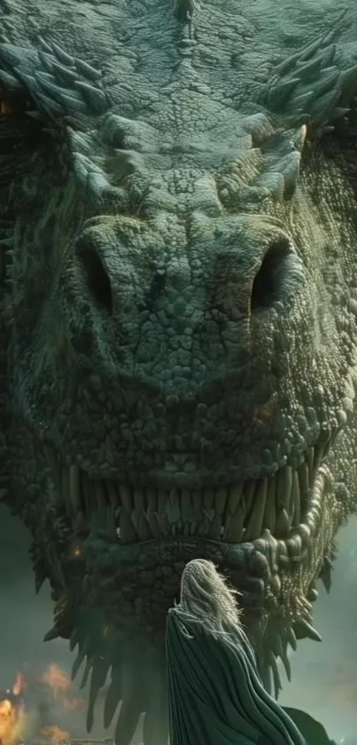 Epic dragon facing a lone warrior with fiery background.