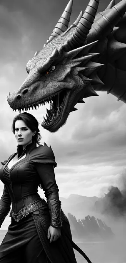 Black and white image of a warrior standing bravely beside a large dragon.