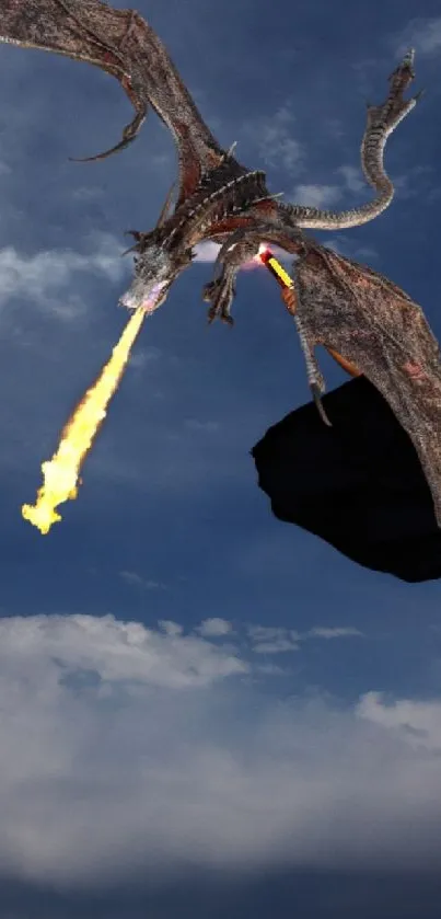 A warrior faces a fire-breathing dragon in a dark, dramatic sky setting.