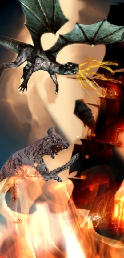 Fiery battle of dragon and wolf with smoke and fire.