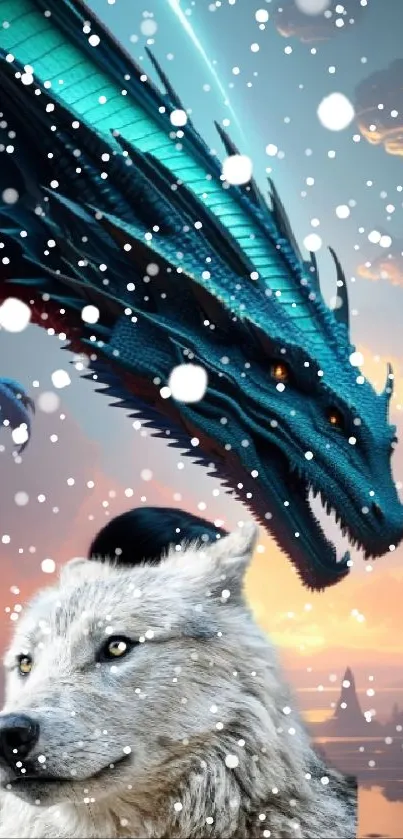 Epic wallpaper featuring a blue dragon with a wolf at sunset.