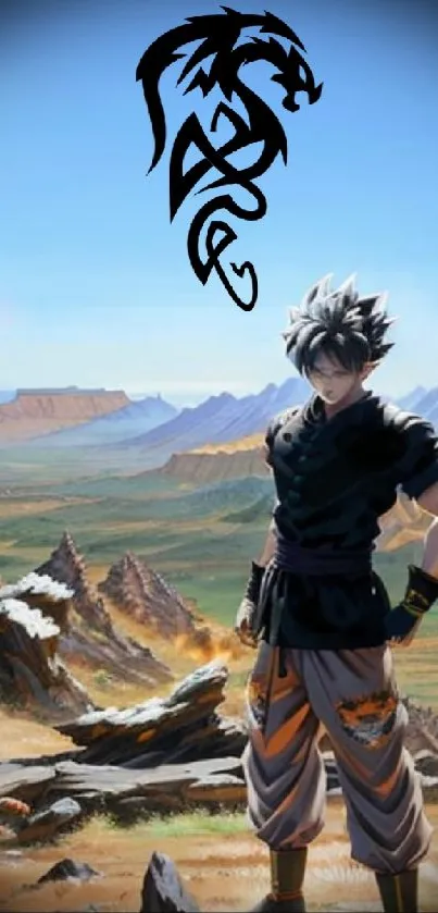 Anime warrior standing against scenic landscape with dragon symbol in the sky.