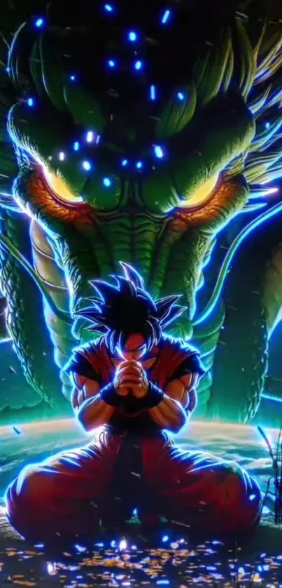 Epic anime scene featuring a warrior and a mystical dragon with vivid neon colors.