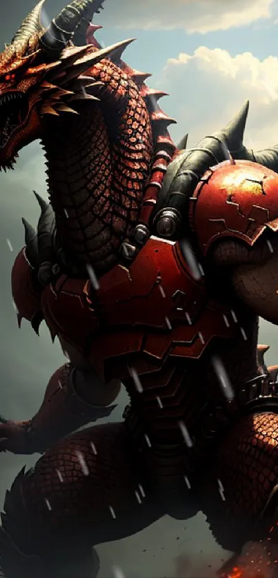 Epic dragon in red armor with fiery background.