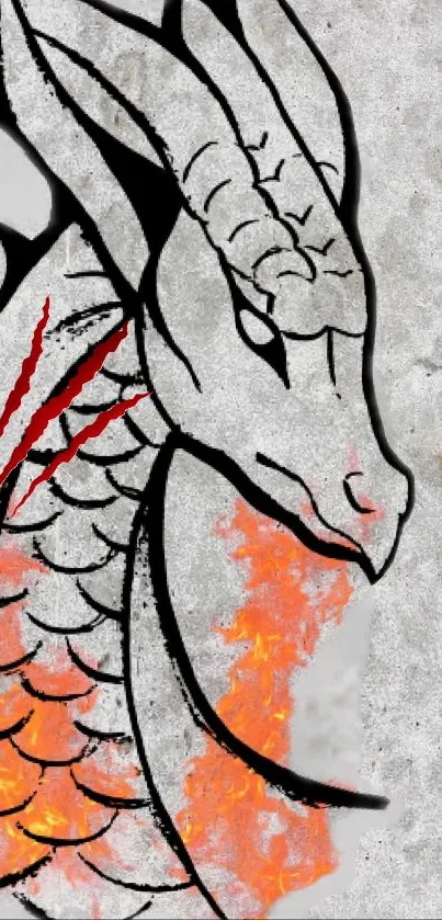 Intricate dragon design with fiery flames on gray background.