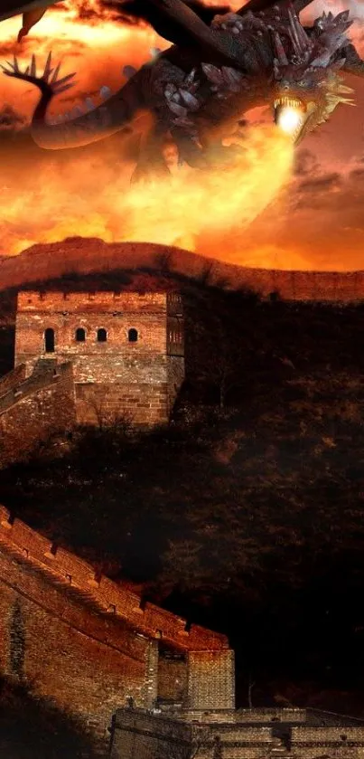 Dragon flies over Great Wall with fiery sky.