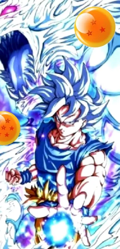 Dynamic Dragon Ball character with a blue aura power burst.