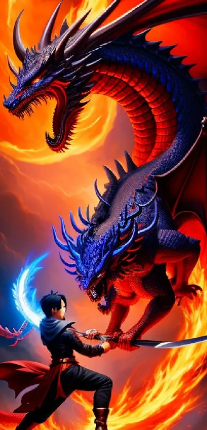 Epic dragon battle with a warrior in vibrant colors.