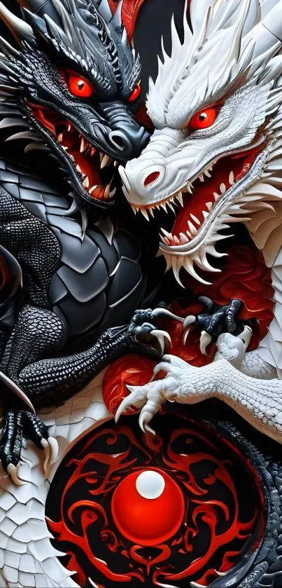 Black and white dragons in intense battle with red orb.