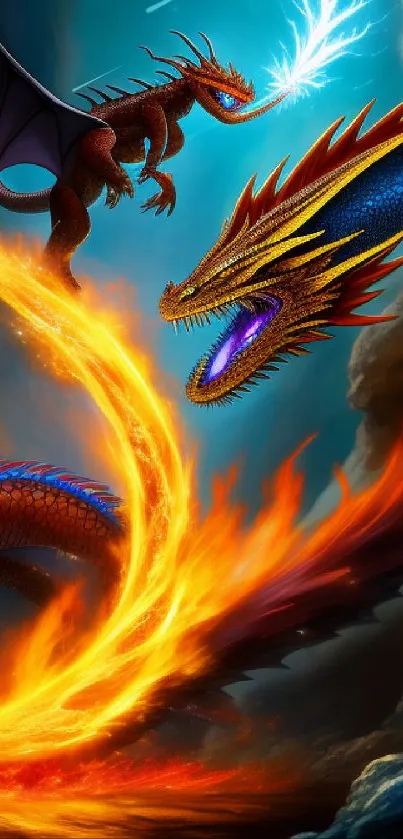 Epic dragon battle with fire and lightning in vibrant colors.